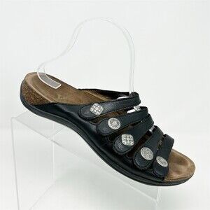 Dansko Black Leather Strappy Silver Medallions Slide Sandals Comfort Cork 41